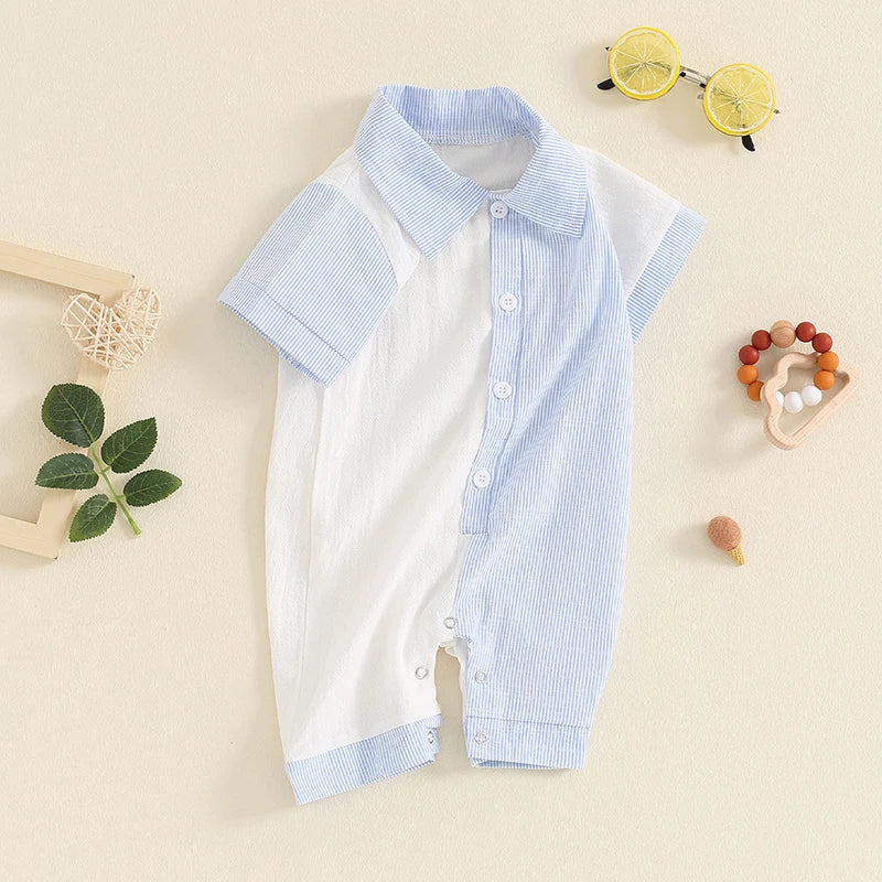 Baby Boy Jumpsuit Summer Short Sleeve Lapel Collar Stripes Contrast Color Print Romper Playsuit