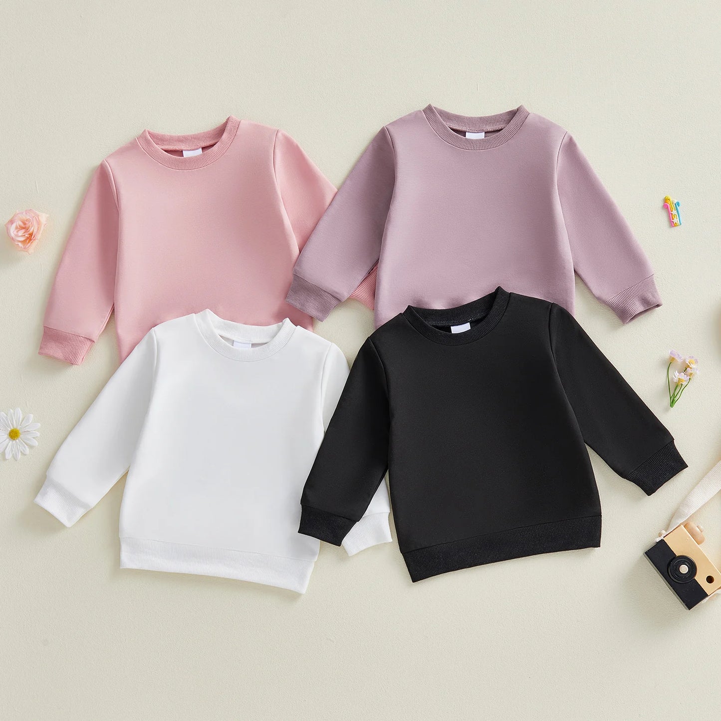 Baby Toddler Girls Boys Spring Fall Casual Loose Fit Stylish Solid Color Crew Neck Long Sleeve Pullover Top