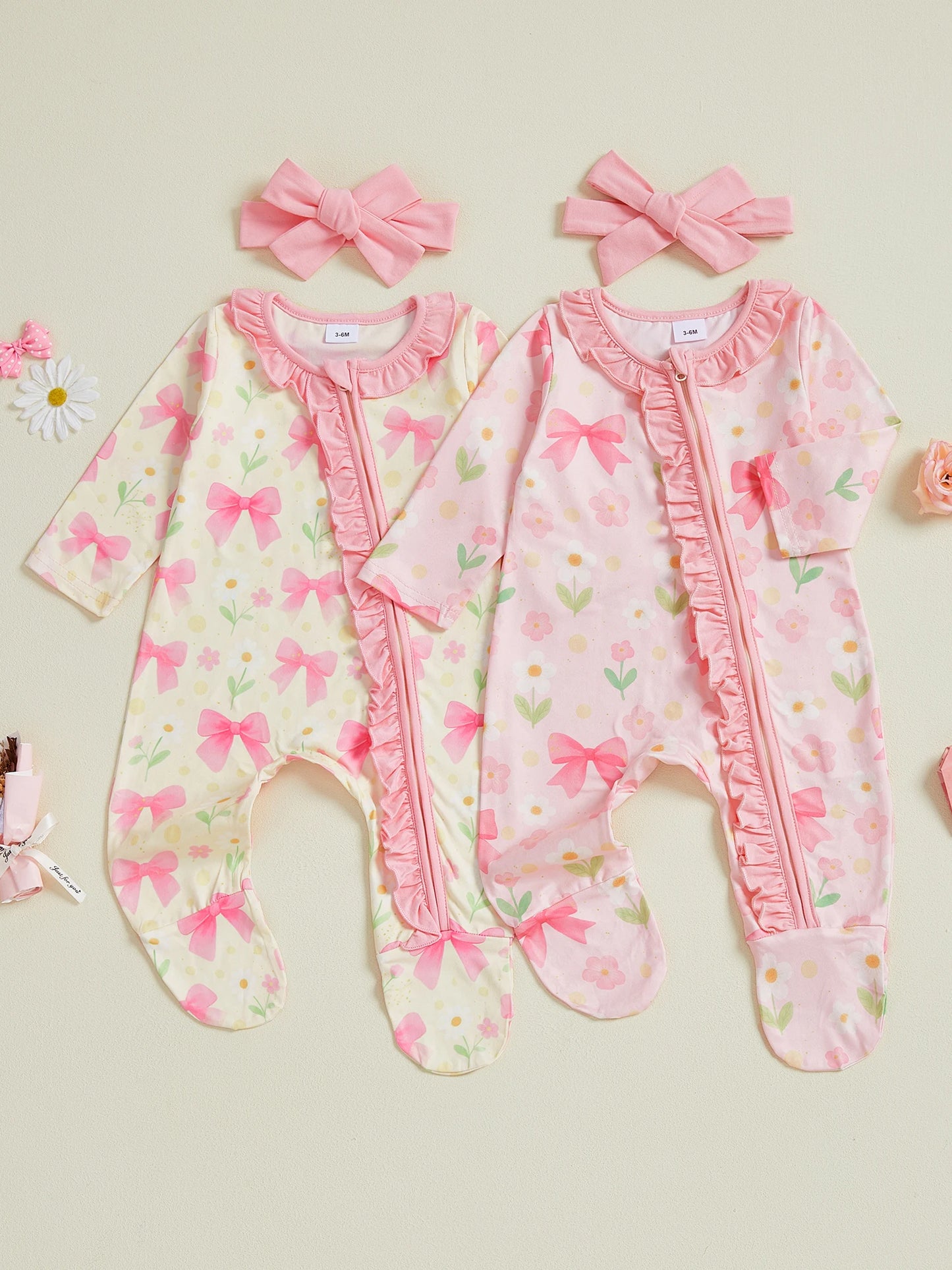 Baby Girl 2Pcs Pink Romper Set with Matching Headband Long Sleeves Floral Bow Print and Ruffled Details - Zip Up Jumpsuit Zipper Romper