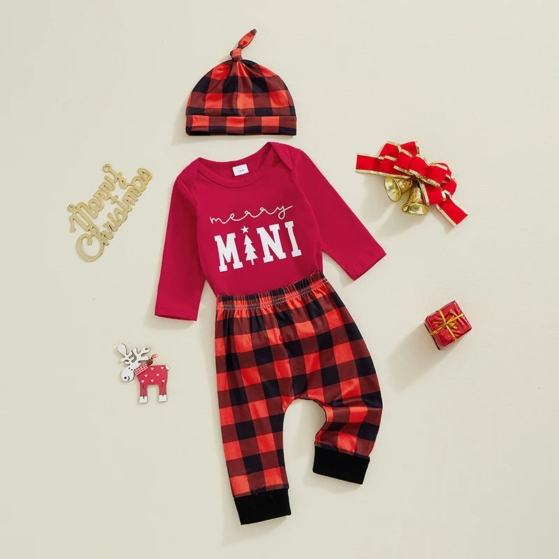 Baby Boys Girls 3Pcs Merry Mini Christmas Set Letter Print Long Sleeve Romper Plaid Print Long Pants Hat Outfit