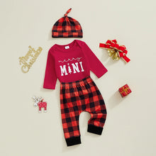 Load image into Gallery viewer, Baby Boys Girls 3Pcs Merry Mini Christmas Set Letter Print Long Sleeve Romper Plaid Print Long Pants Hat Outfit
