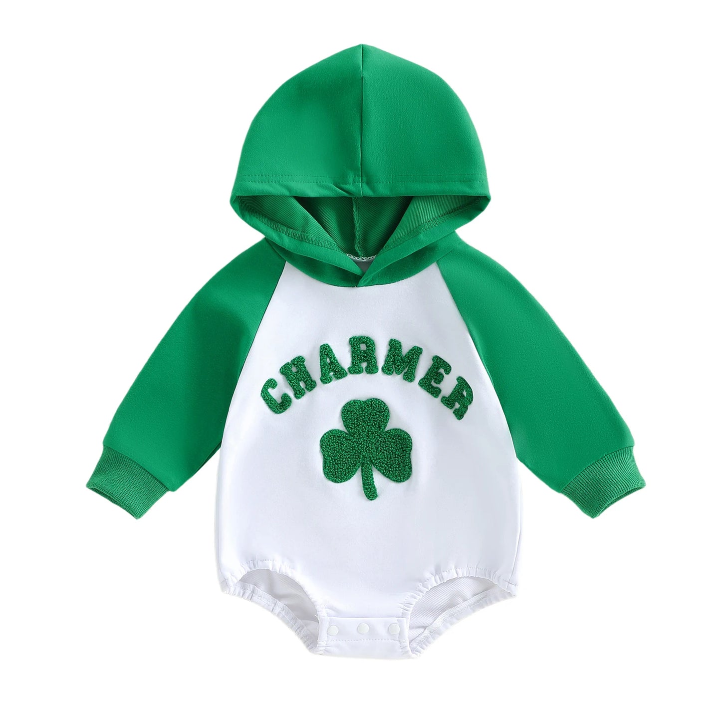 Baby Boys Charmer Irish St. Patrick's Day Romper Long Sleeve Shamrock Letter Embroidery Hooded Bodysuit Playsuit