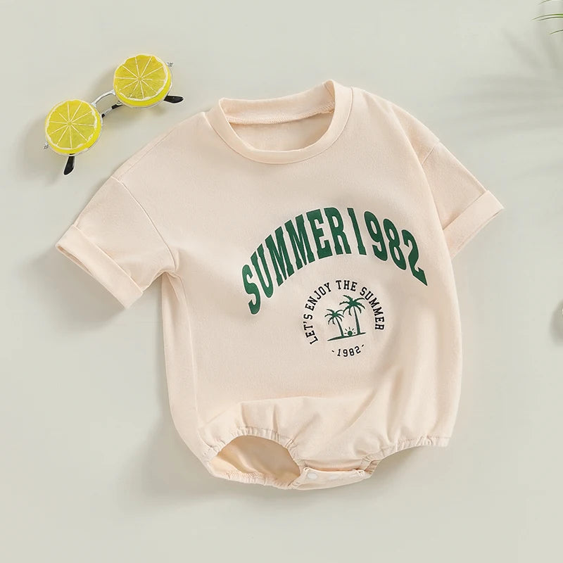 Baby Girls Boys Summer 1982 Romper Letter Palm Tree Print Round Neck Short Sleeve Casual Jumpsuits Clothes