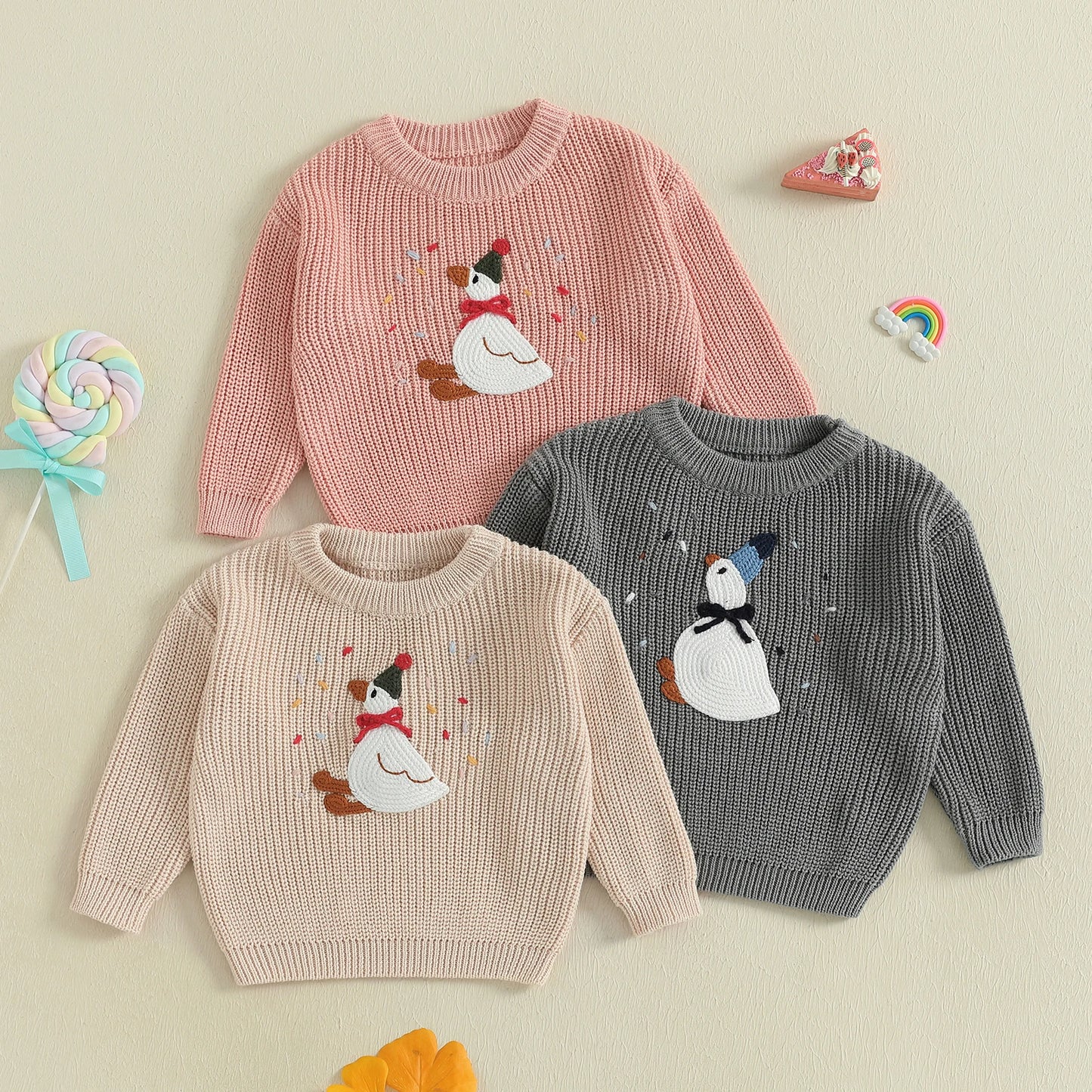 Baby Toddler Girls Boys Birthday Sweaters Long Sleeve Round Neck Silly Goose Party Hat Embroidery Pullover Fall Top