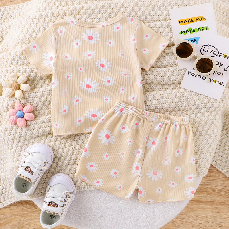 Baby Toddler Girl 2Pcs Clothes Set Round Neck Short Sleeve Daisy Flower Print Top + Elastic Waist Shorts Outfit