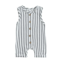 Load image into Gallery viewer, Baby Boy Girl Summer Muslin Tank Romper Striped Printed Button Crew Neck Jumpsuit

