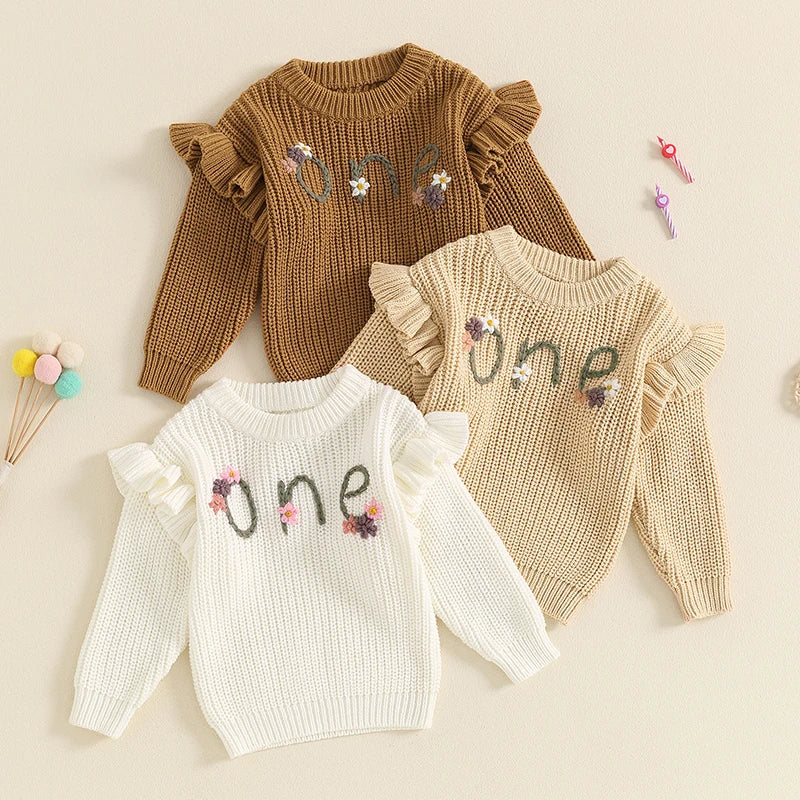 Baby Girl Birthday Sweater One Casual Floral Flowers Letter Embroidery Warm Long Sleeve Knitted Pullover Infant Knitwear Top