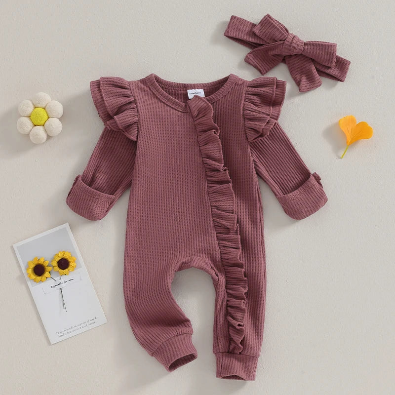 Baby Girl 2Pcs Clothes Ruffle Zipper Romper Long Sleeve Jumpsuit with Bow Headband