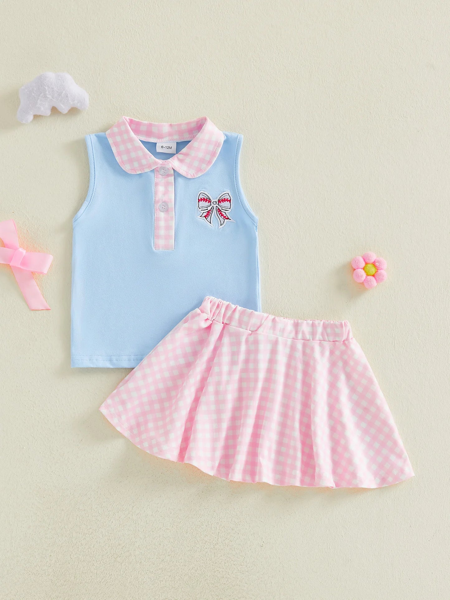 Baby Toddler Girls 2Pcs Outfit Bow Embroidery Sleeveless Turn Down Collar Tank Top and Elastic Waist Plaid Skirt Set