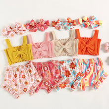 Load image into Gallery viewer, Infant Baby Girls 3Pcs Clothes Outfit Solid Ribbed Bowknot Tank Tops Floral Print Shorts Headband
