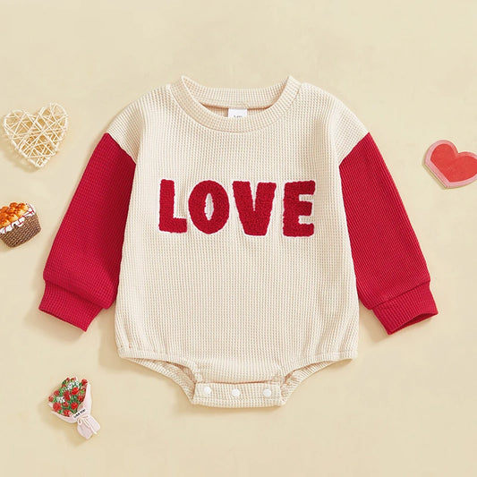 Baby Boys Girls LOVE Valentine's Day Romper Letter Embroidery Long Sleeve Waffle Jumpsuit