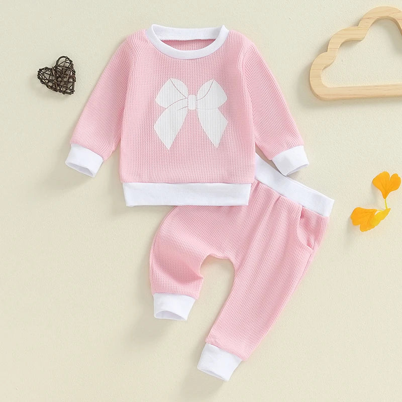 Baby Toddler Girls 2Pcs Fall Outfit Bow Print Crew Neck Long Sleeve Waffle Top and Long Pants Set