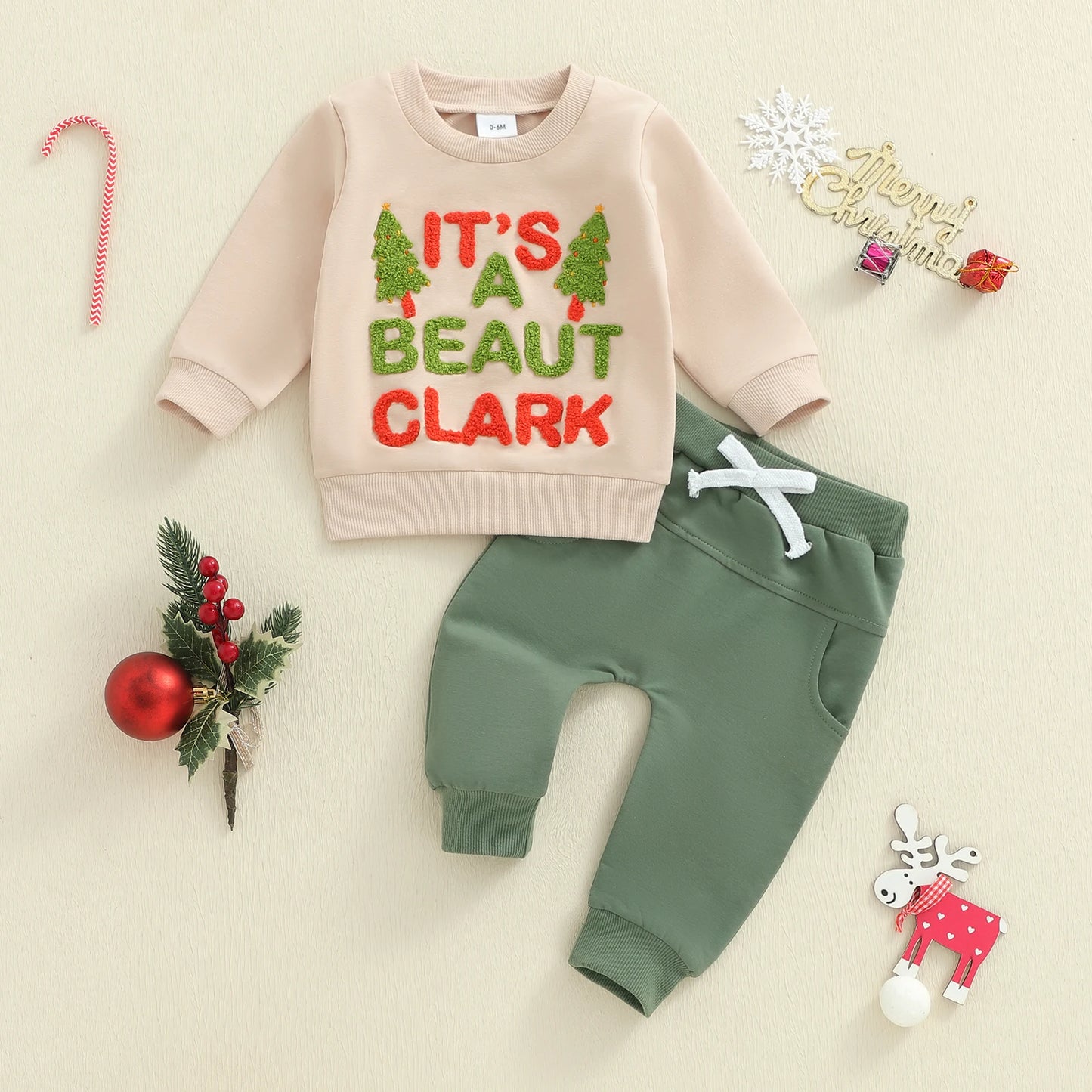 Baby Toddler Boys 2Pcs Christmas It's A Beaut Clark Outfits Long Sleeve Crew Neck Letter Embroidery Top and Elastic Waist Pants Jogger Set