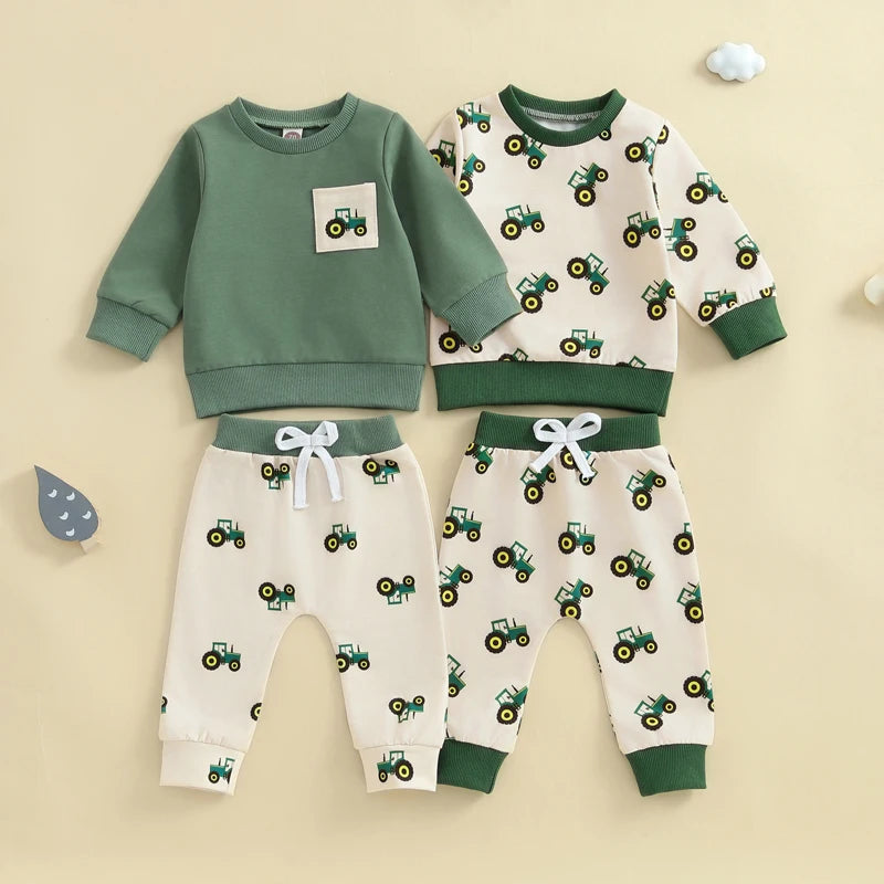 Baby Toddler Boy 2Pcs Spring Outfit Tractor Long Sleeve Crewneck Top Long Pants Jogger Set Farm Clothes