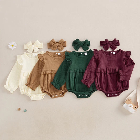 Baby Girl 2Pcs Fall Outfit Long Sleeve Solid Color Ruffle Romper with Headband Set