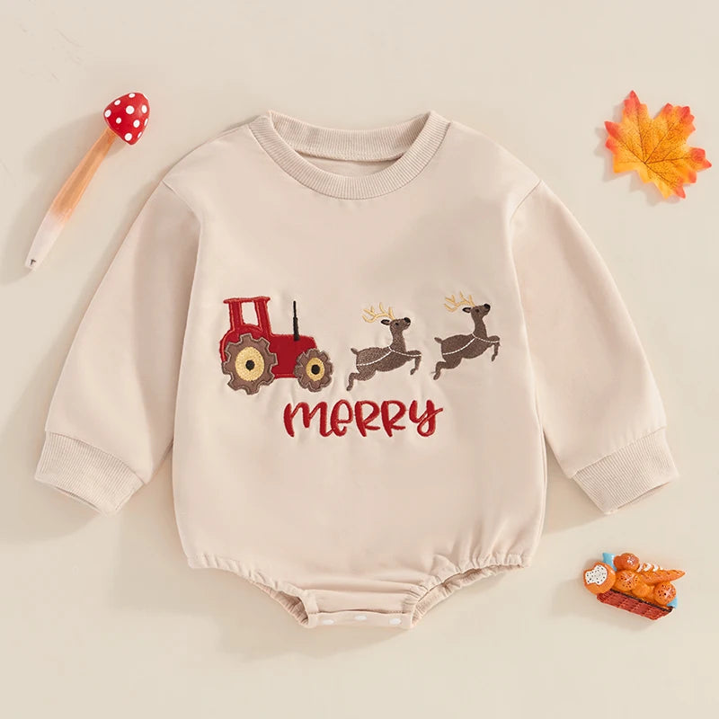 Baby Girls Boys Christmas Merry Romper Long Sleeve Crew Neck Reindeer Tractor Embroidery Jumpsuit