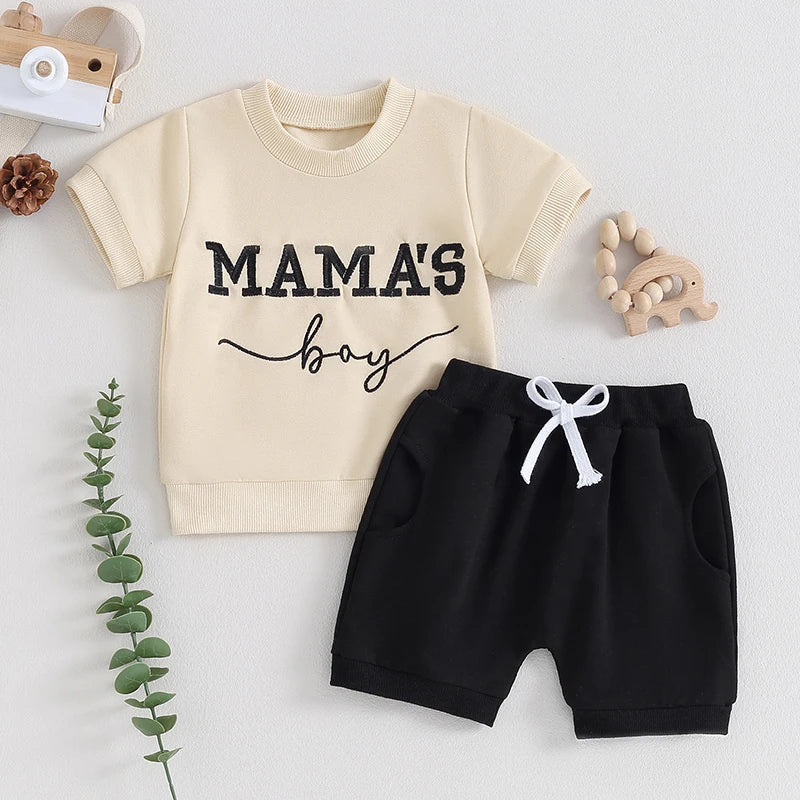 Baby Toddler Boy 2Pcs Mama's Boy Outfit Short Sleeve Letter Embroidery Top + Shorts Set