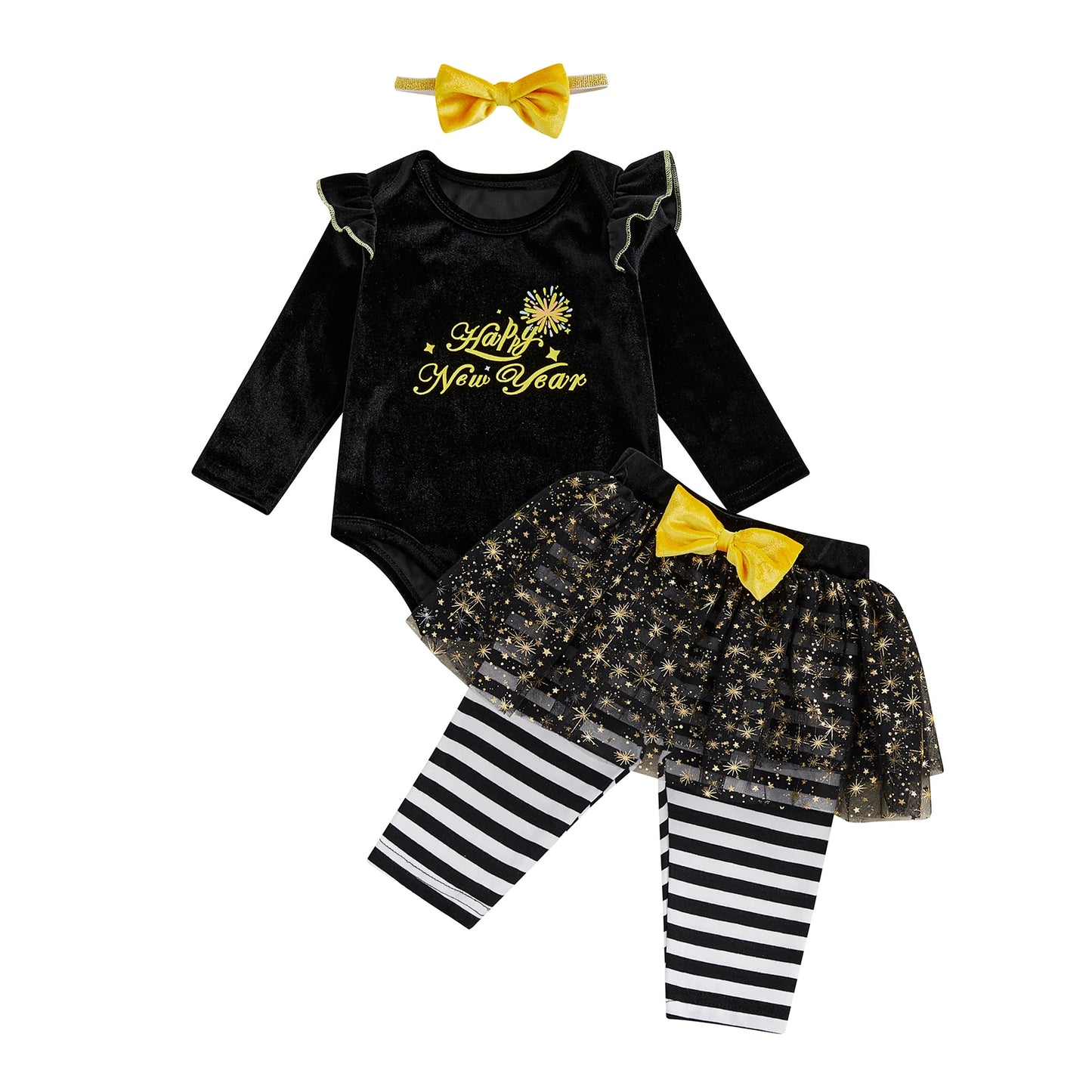 Baby Girls 3Pcs Happy New Year Long Sleeve O Neck Letter Print Romper Tutu Pants Headband Outfits Set