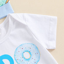 Load image into Gallery viewer, Baby Boy 3Pcs BRO Letter Print Short Sleeve Romper and Donut Print Pants Beanie Hat Set Clothes Outfit
