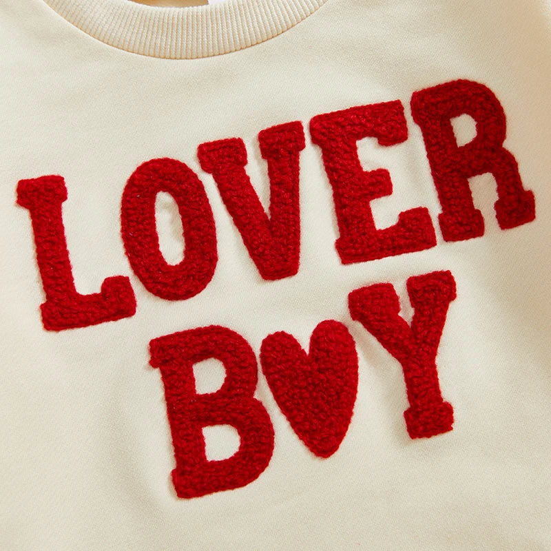 Baby Boy Bubble Romper Valentines Long Sleeve Round Neck Heart Letter Lover Boy Embroidery Bodysuit Valentine's Day