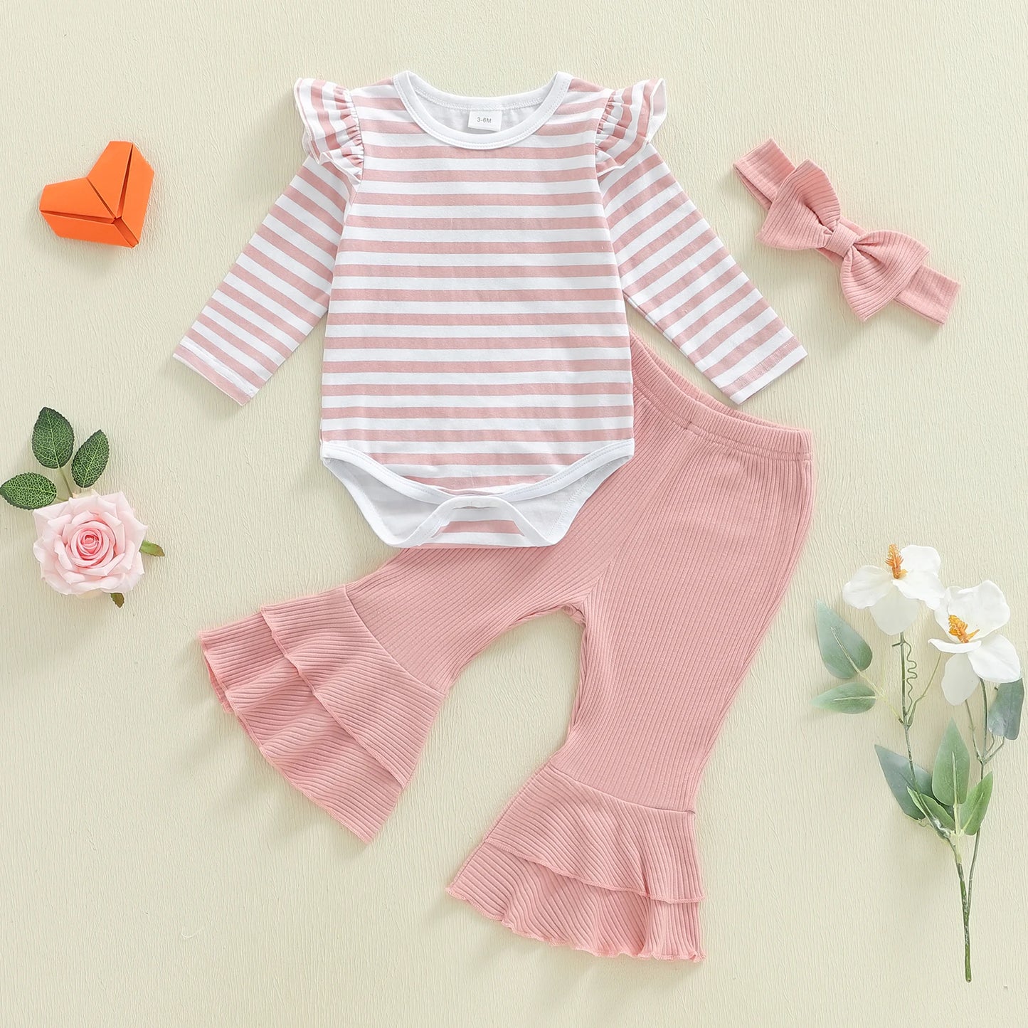 Baby Girls 3Pcs Spring Outfit Long Sleeve Striped Romper with Flare Pants and Headband Clothing Set