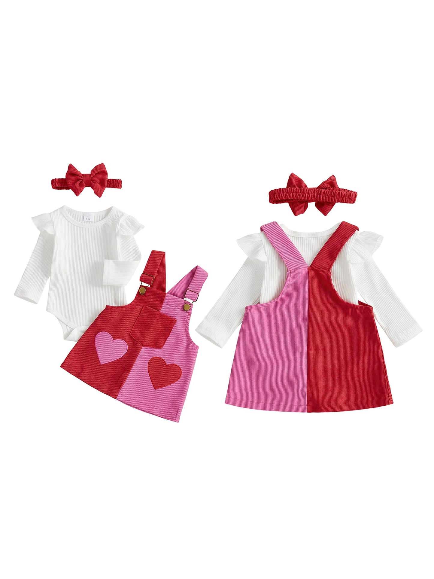 Baby Girls 3Pcs Valentine's Day Outfit Long Sleeve Romper Overall Heart Dress Headband Set Infant Clothes