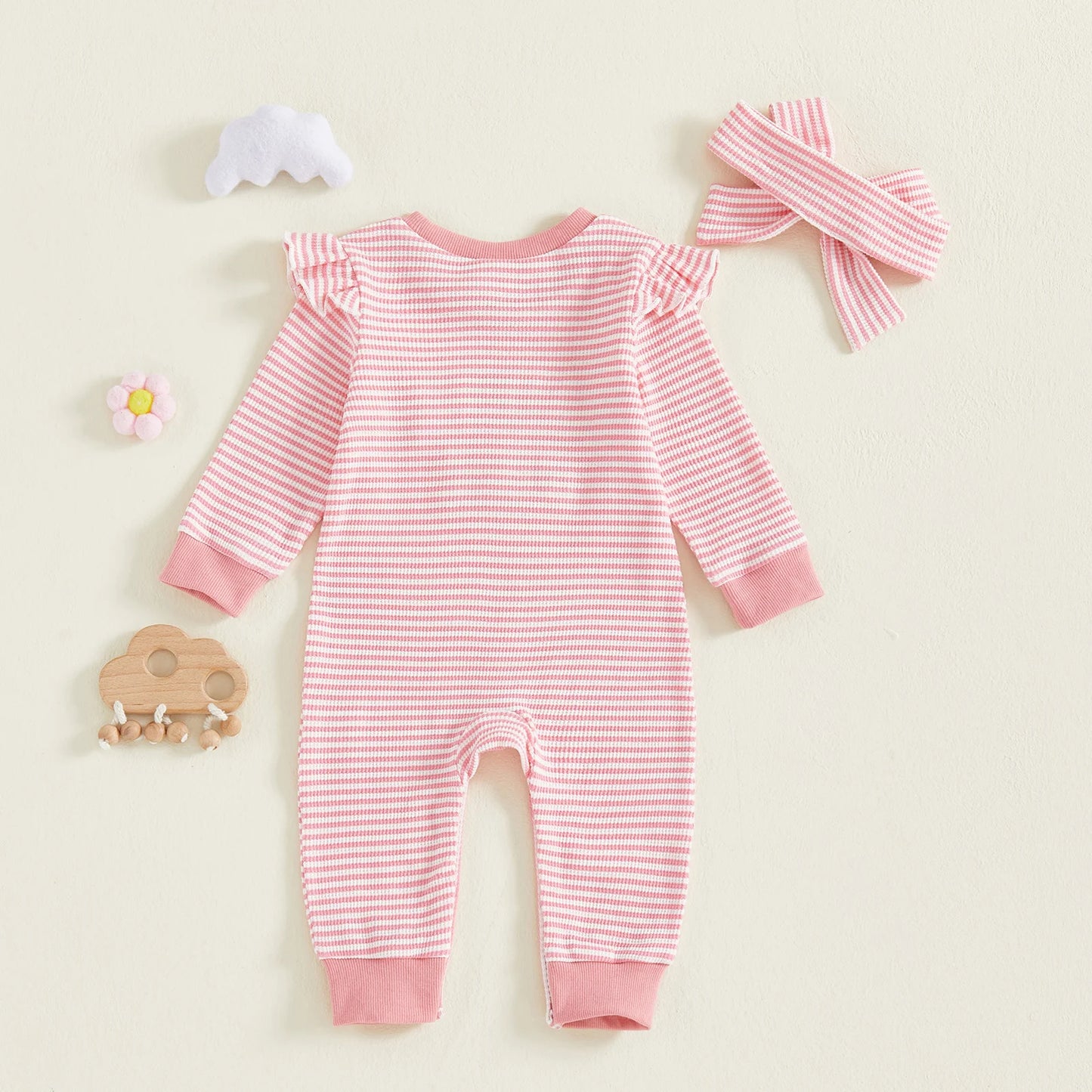 Baby Girls 2Pcs Daddy's Girl Striped Romper Letter Embroidery Ruffled Long Sleeves Jumpsuits and Cute Headband Set