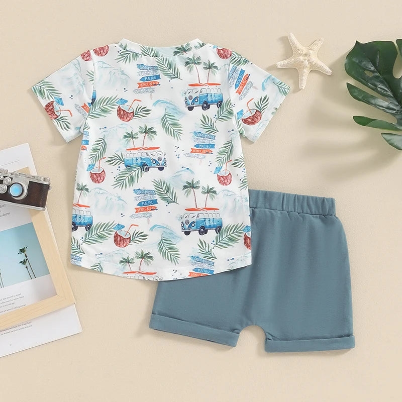 Baby Toddler Boys 2Pcs Summer Outfit Beach Style Palm Tree Coconut Van Surf Print Short Sleeve Top Elastic Waist Shorts Set