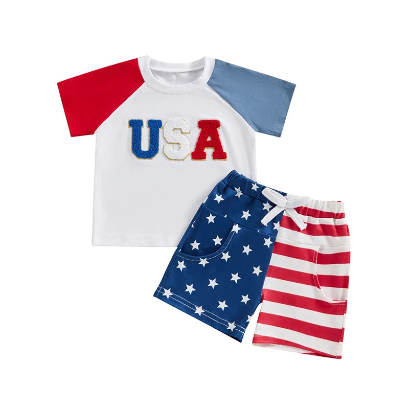 Baby Toddler Boys 2Pcs 4th of July White Short Sleeve USA Letter Embroidery Top Star Stripe Print Shorts Set