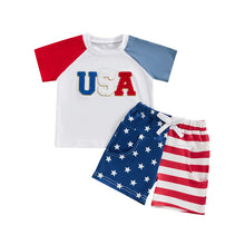 Load image into Gallery viewer, Baby Toddler Boys 2Pcs 4th of July White Short Sleeve USA Letter Embroidery Top Star Stripe Print Shorts Set
