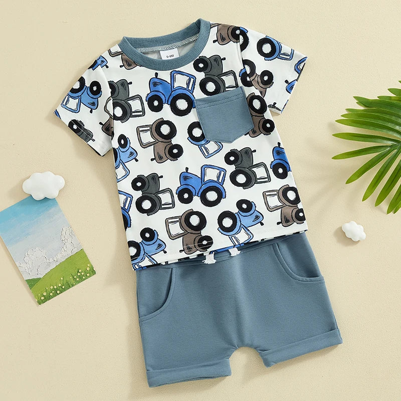 Baby Toddler Boy 2Pcs Summer Outfit Truck Tractor Print Short Sleeve Pocket Top with Solid Color Shorts Set