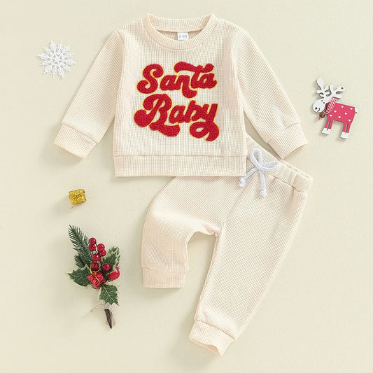 Baby Toddler Boys Girls 2Pcs Santa Baby Christmas Waffle Outfit Letter Embroidery Long Sleeve Top Elastic Waist Pants Set