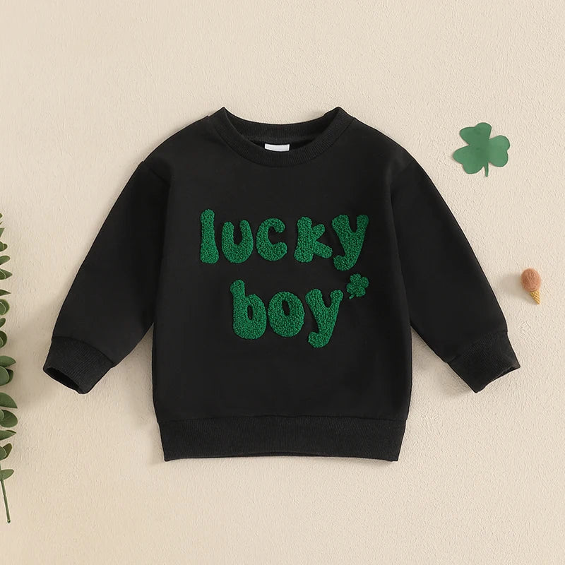 Baby Toddler Boys Lucky Boy St. Patrick's Day Irish Spring Letter Clover Shamrock Embroidered Long Sleeve O-Neck Casual Pullover Top