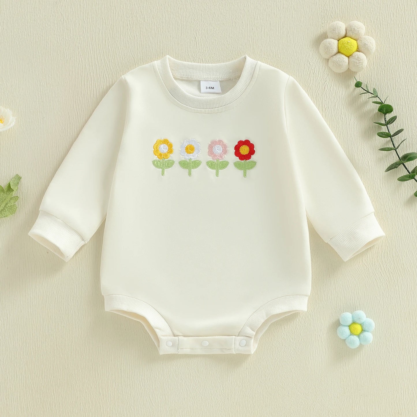Baby Girls Spring Romper Strawberry Flower Embroidery Long Sleeve Round Neck Bubble Jumpsuit