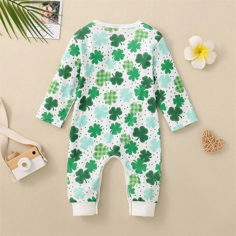 Baby Toddler Girl St. Patrick's Day Outfits Shamrock Clover Print Ruffle Romper Lucky Charm Jumpsuit