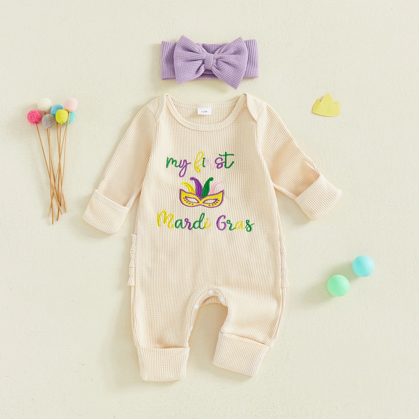 Baby Girl 2Pcs My First Mardi Gras Romper Letter Embroidery Full Length Long Sleeve Crew Neck Bodysuit Bow Headband Set