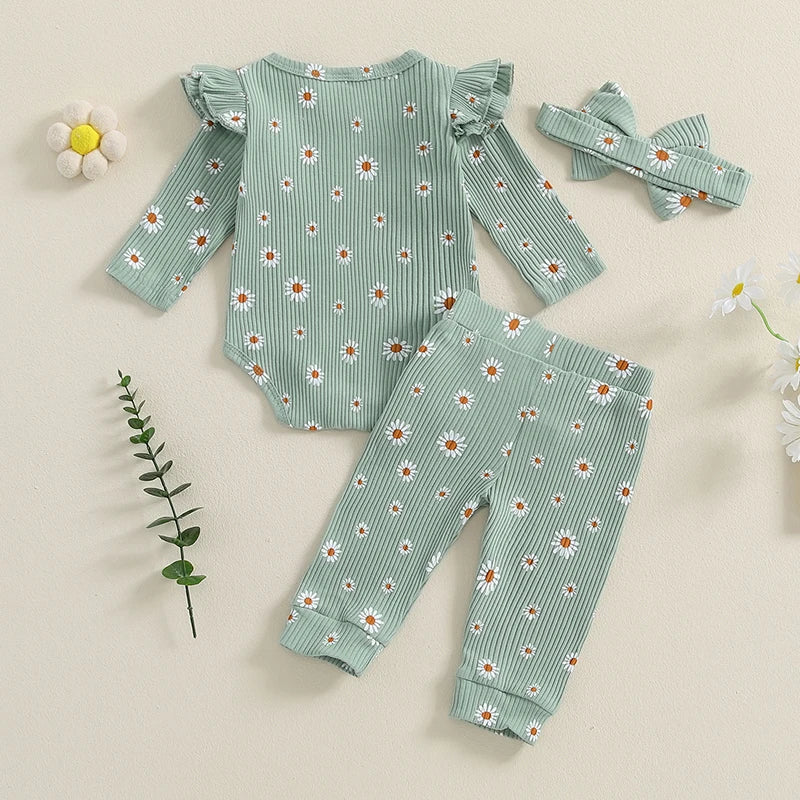 Baby Girls 3Pcs Ribbed Outfit Daisy Flower Print Long Sleeve Romper Elastic Waist Pants Headband Fall Set