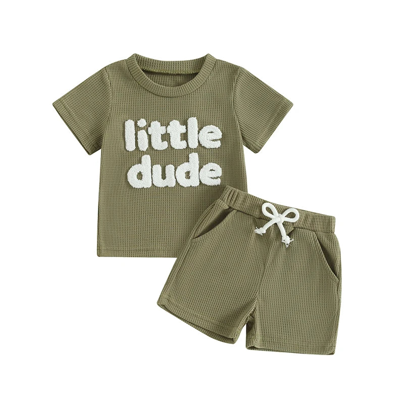 Baby Toddler Boys 2Pcs Little Dude Summer Outfit Short Sleeve Letter Print Top Solid Color Drawstring Shorts Set