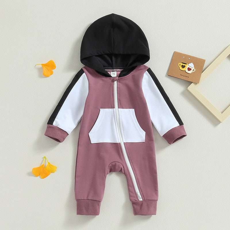 Baby Boy Girl Full Length Jumpsuit Contrast Color Hood Long Sleeve Romper with Zipper