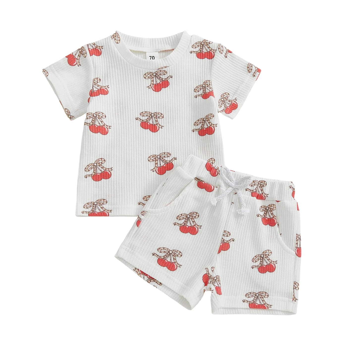 Baby Toddler Girls 2Pcs Outfits Fashionable Bow Cherry Print Short Sleeve Round Neck Top and Shorts Set