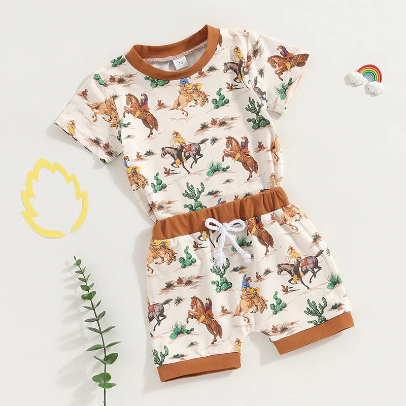 Baby Toddler Boys 2Pcs Western Outfit Short Sleeve Cactus Cattle Cow Horse Cowboy Print Top and Drawstring Shorts Set