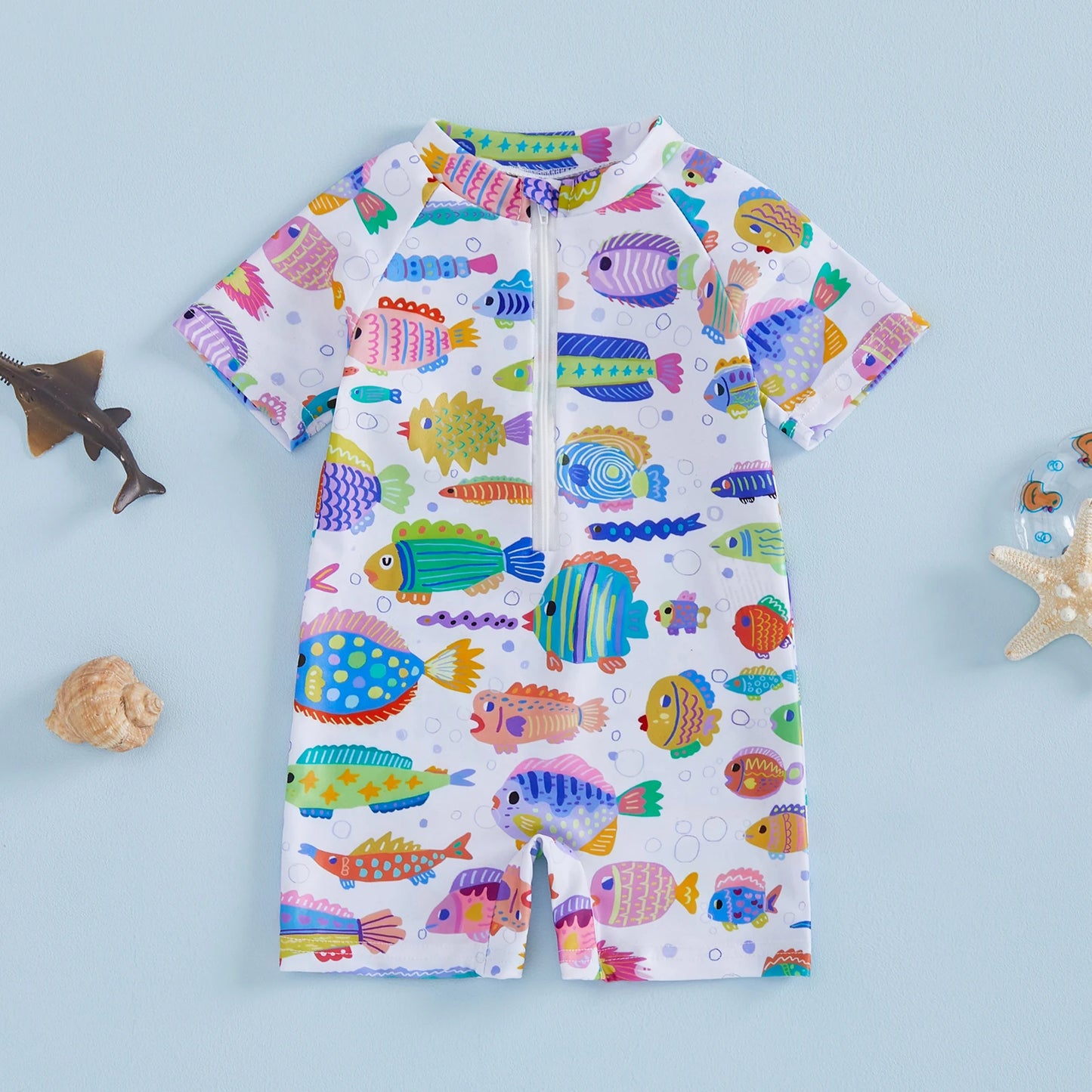 Baby Toddler Boys Rash Guard Swimsuits Cute Shark Animal Printed Short Sleeve Swimwear Romper