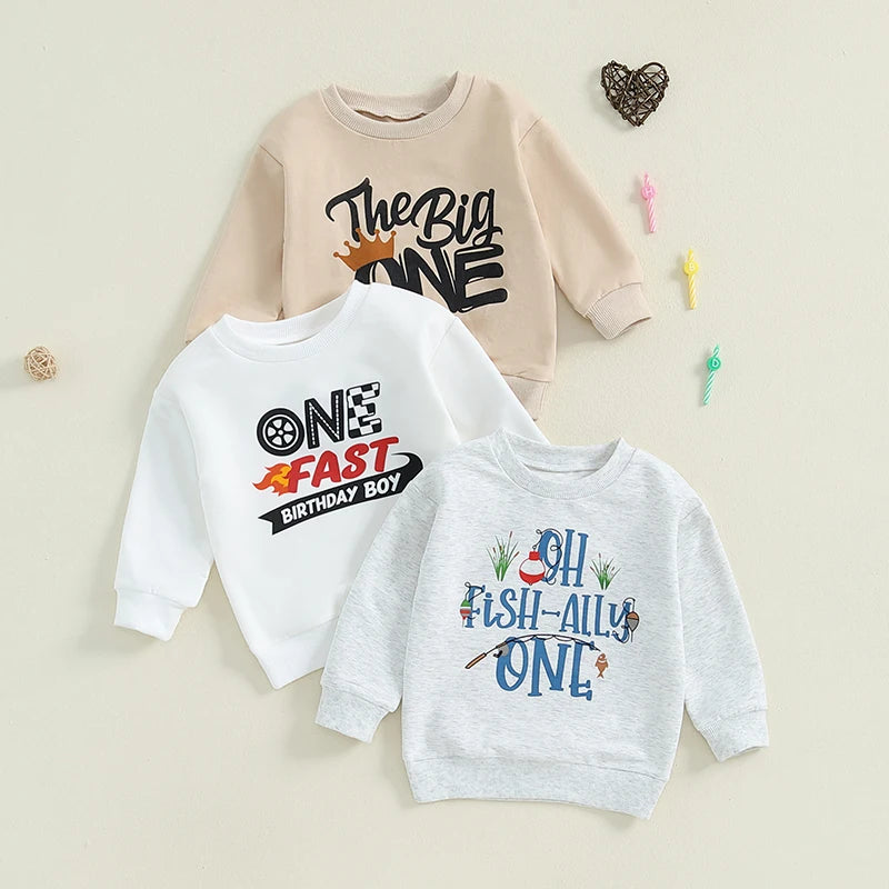 Baby Boy 1st Birthday Top The Big One Crown / One Fast Birthday Boy / Oh Fish Ally One Letter Print Long Sleeve Round Neck Pullover Loose Top