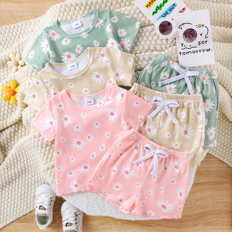 Baby Toddler Girl 2Pcs Clothes Set Round Neck Short Sleeve Daisy Flower Print Top + Elastic Waist Shorts Outfit