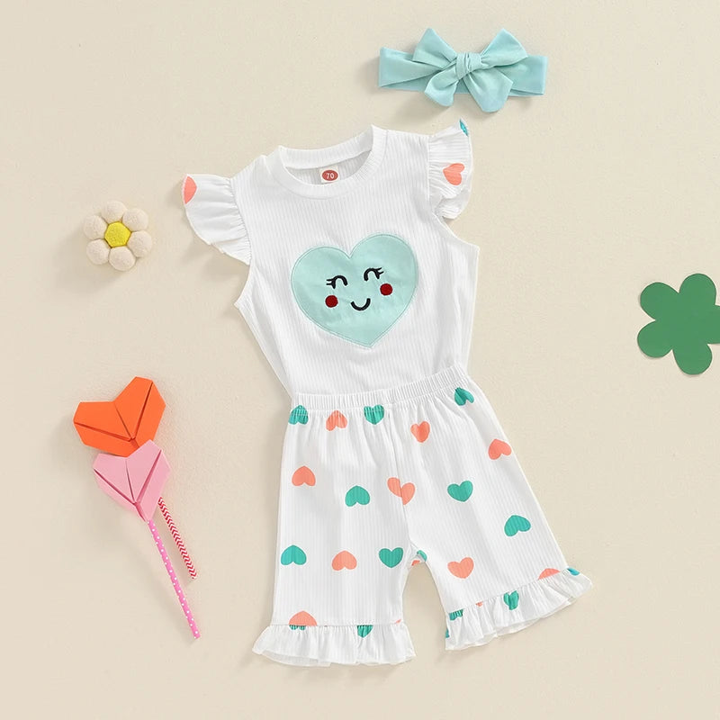 Baby Toddler Girls 3Pcs Summer Outfit Heart Patch Fly Sleeve Ribbed Top Heart Print Ruffle Shorts Headband Set