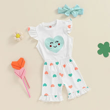 Load image into Gallery viewer, Baby Toddler Girls 3Pcs Summer Outfit Heart Patch Fly Sleeve Ribbed Top Heart Print Ruffle Shorts Headband Set
