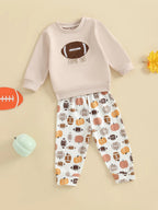 Baby Toddler Boys 2Pcs Game Day Fall Set Long Sleeve Football Embroidery Pullover Top and Pumpkin Print Pants Outfit