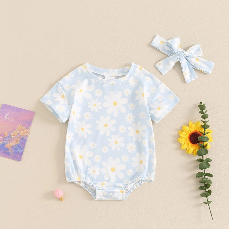 Baby Girl 2Pcs Summer Jumpsuit Daisy Flower Print Short Sleeve Round Neck Romper with Headband Set