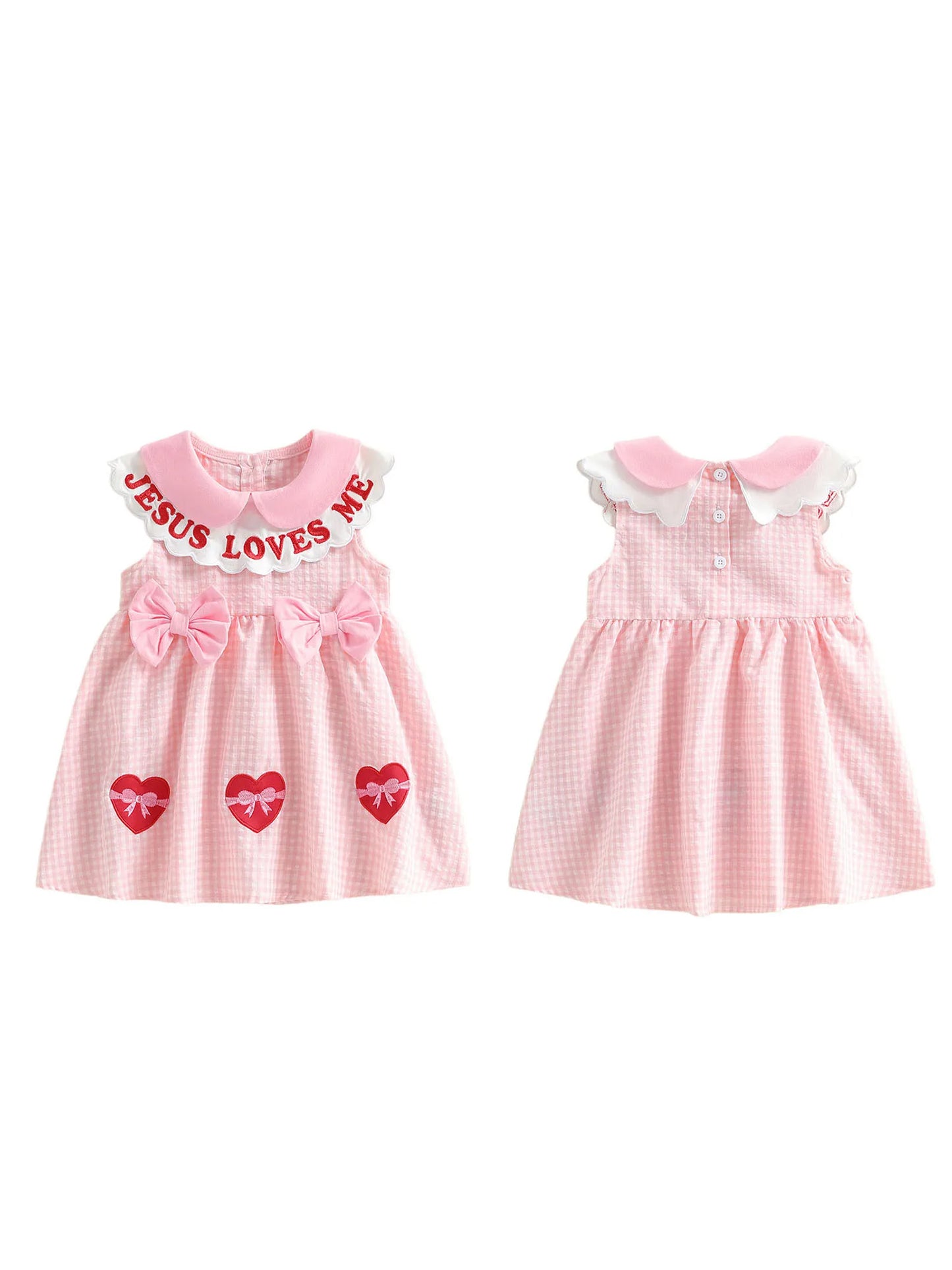 Baby Toddler Girls A-line Dress Valentine's Day Jesus Loves Me Sleeveless Doll Collar Letter Heart Embroidery Plaid Dress