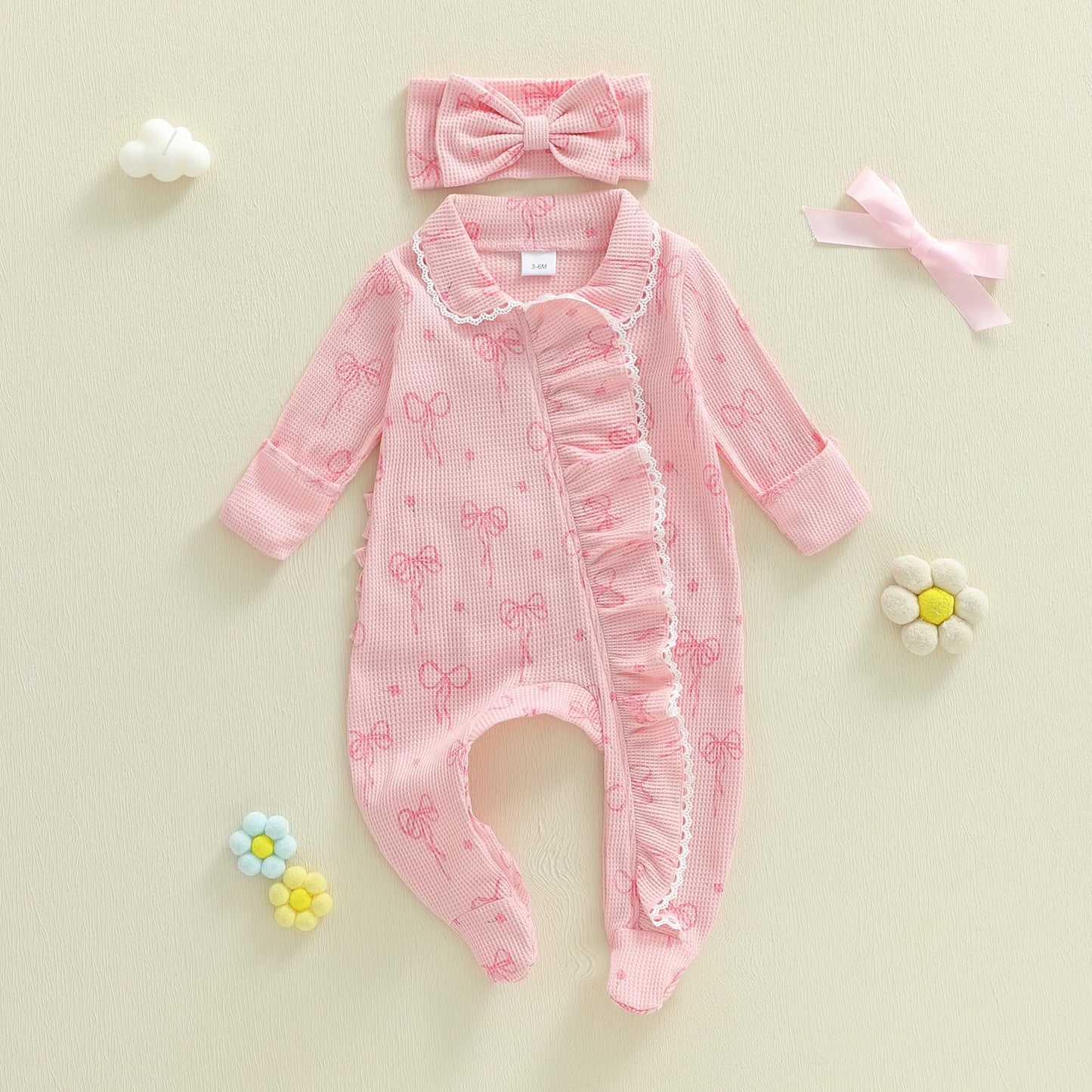 Baby Girl 2Pcs Romper Waffled Bow Print Long Sleeve Zip Up Footed Jumpsuit with Headband Set